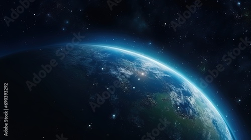 A panoramic view of the planet from space, where continents and oceans are visible © JVLMediaUHD
