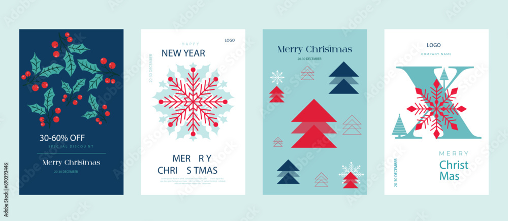 Elegant Merry Christmas, Xmas & Happy New Year festive design with beautiful snowflakes and stars in modern style. Christmas & Xmas vector illustration