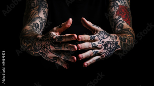 Male hands with tattoos in the form of graphic compositions