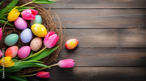 Easter Eggs - Painted Decoration In Nest With Tulips On Natural Wooden Plank