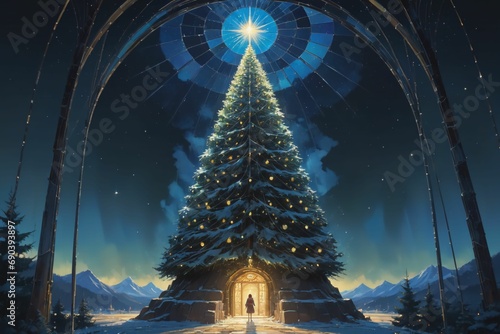 Magical Winter Night Scene with Illuminated Christmas Tree Under Intricate Archway