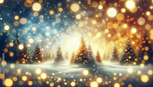 Enchanted Christmas Trees in Winter Landscape with Golden Bokeh Lights
