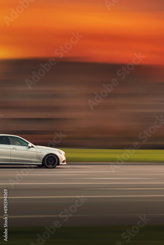 Fototapeta Naklejka Na Ścianę i Meble -  A fast moving car. Car with abstract speed blur background in evening with orange sky. Side view of the front of the car