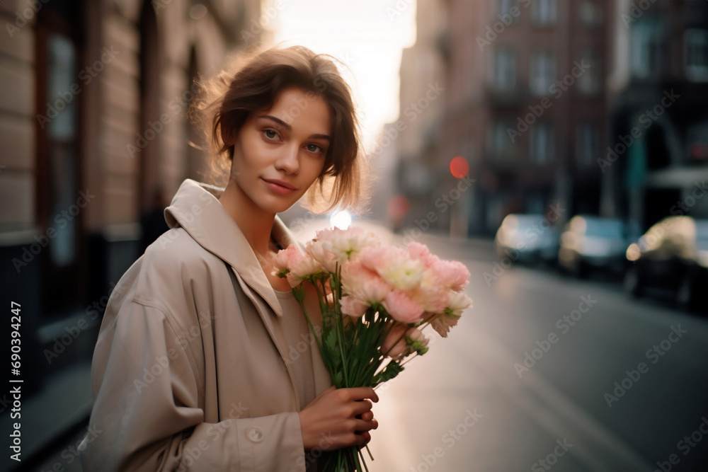 Fototapeta premium A happy young woman with a bouquet of roses walks along a city street.
