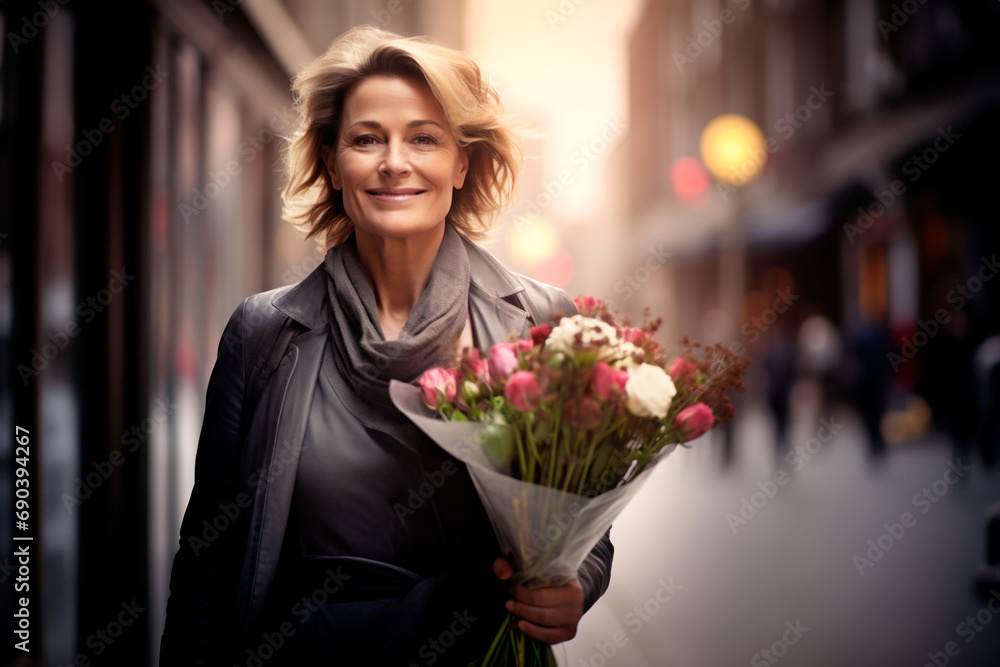 Fototapeta premium happy fifty-year-old woman with a bouquet of roses walks along a city street.