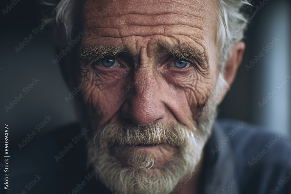 Close up portrait of a sad old man looking at the camera, generative ai Close up portrait of a sad old man looking at the camera, generative ai