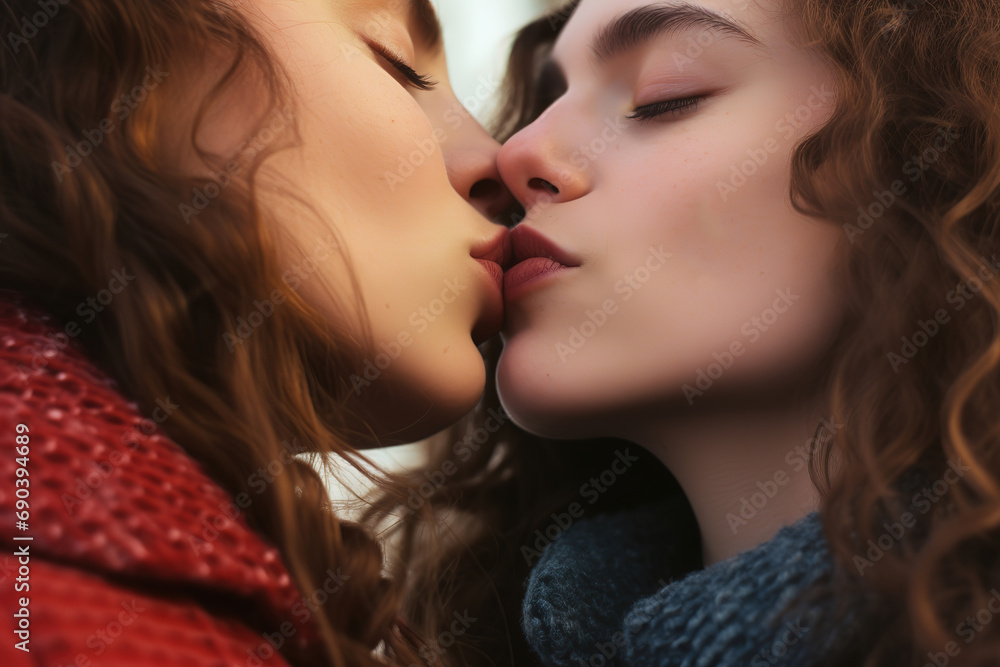 Close up portrait of two LGBT girls kissing, generative ai 