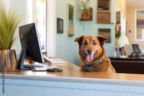 A funny dog sits at the reception desk in a veterinary clinic.