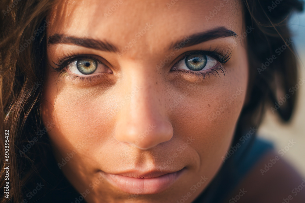 Portrait of a woman with blue eyes and soft sunlight on her face, standing on the beach.