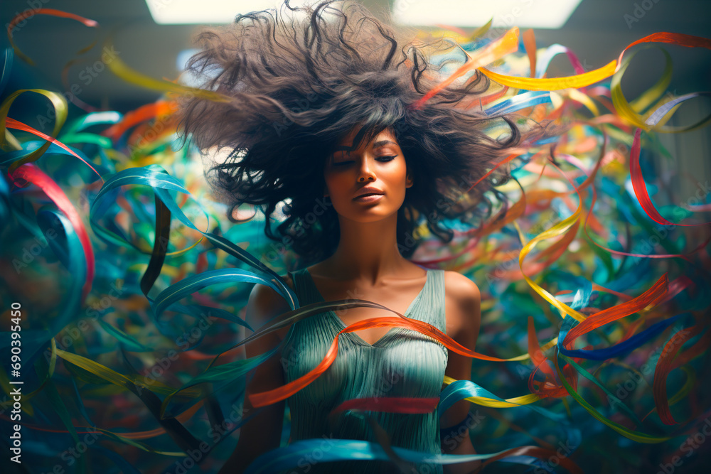 Portrait of a woman with tousled flying hair surrounded by flying colored ribbons. Portrait of a woman with tousled flying hair surrounded by flying colored ribbons.