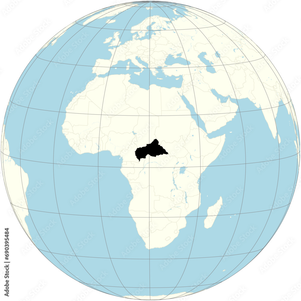 Central African Republic is shown in the center of the orthographic projection of the world map. Formerly known as Ubangi-Shari, it is a landlocked country in Central Africa.