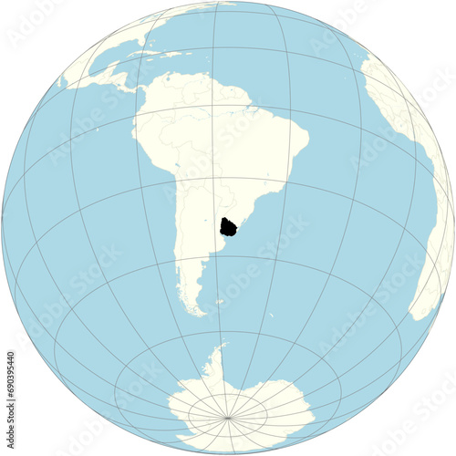 Uruguay is shown in the center of the orthographic projection of the world map. It is a country in the Southern Cone region of South America. 