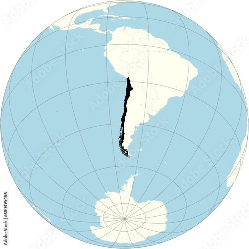 Chile is shown in the center of the orthographic projection of the world map. It is a country in South America