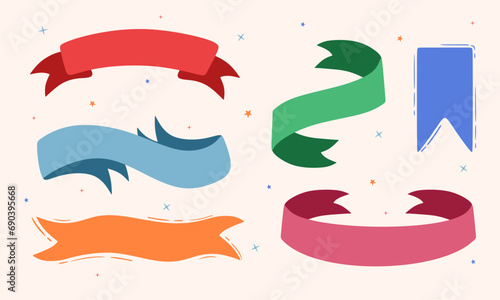 Set of ribbons with space for text. Hand drawn multicolor various ribbon collection isolated. Vintage and old ribbons for labels, banners. Trendy colorful graphic design elements. Vector illustration