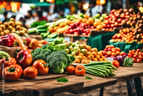 market with a colorful variety of fresh fruits and vegetables under soft light.
