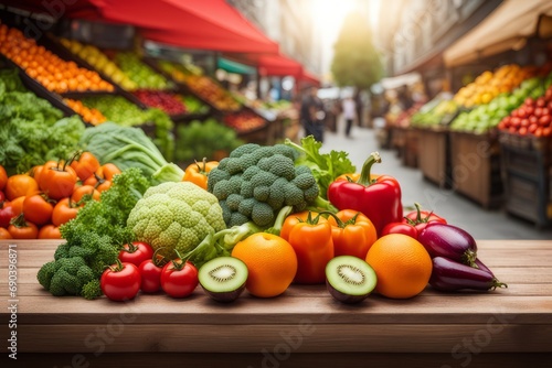 market with a colorful variety of fresh fruits and vegetables under soft light. 