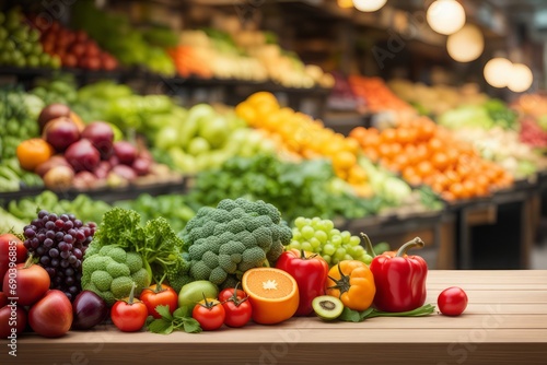 market with a colorful variety of fresh fruits and vegetables under soft light. 