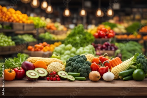 market with a colorful variety of fresh fruits and vegetables under soft light. 