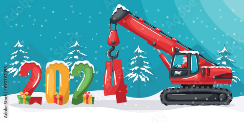 Santa Claus driving a telescopic crawler or chain crane placing the year 2024. Christmas winter with snow. Celebrating the beginning of a happy new year. Heavy machinery in the construction industry