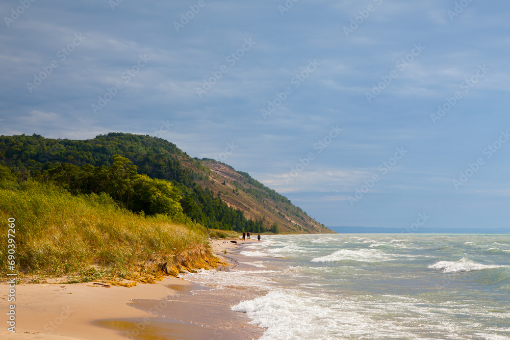 Serene Lake Michigan Beach with Verdant Bluffs and Turquoise Waters