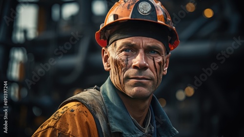oil rig worker man portrarit with industrial construction in the background