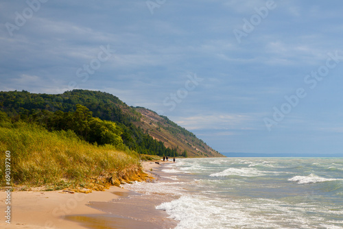 Serene Lake Michigan Beach with Verdant Bluffs and Turquoise Waters