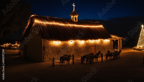 barn in the night with lights photo