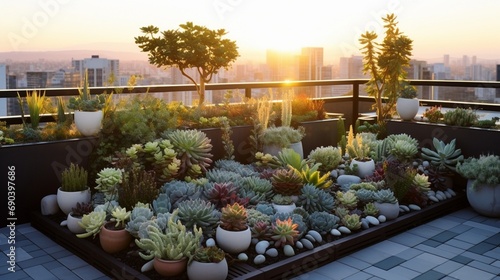 A rooftop succulent garden with a variety of shapes and textures creating a modern and stylish oasis against the backdrop of the urban skyline