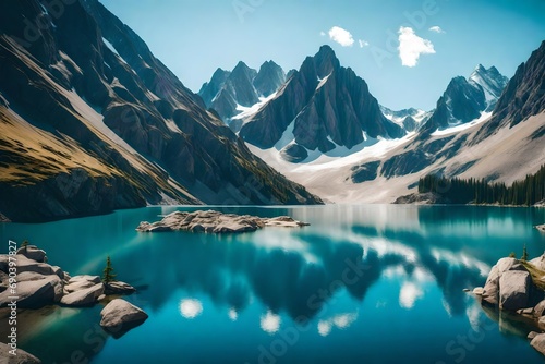 A rugged mountain range with a clear blue lake nestled between the peaks