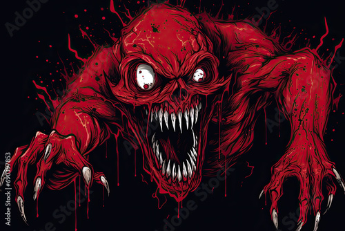 An image of a big scary monster with blood, big ugly white teeth, and crazy eyes.