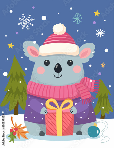 Merry Christmas and Happy New Year 2024 Vector trendy illustrations of holiday cards with forest, koala, deer, lettering, Christmas tree and pine. Drawing for poster photo