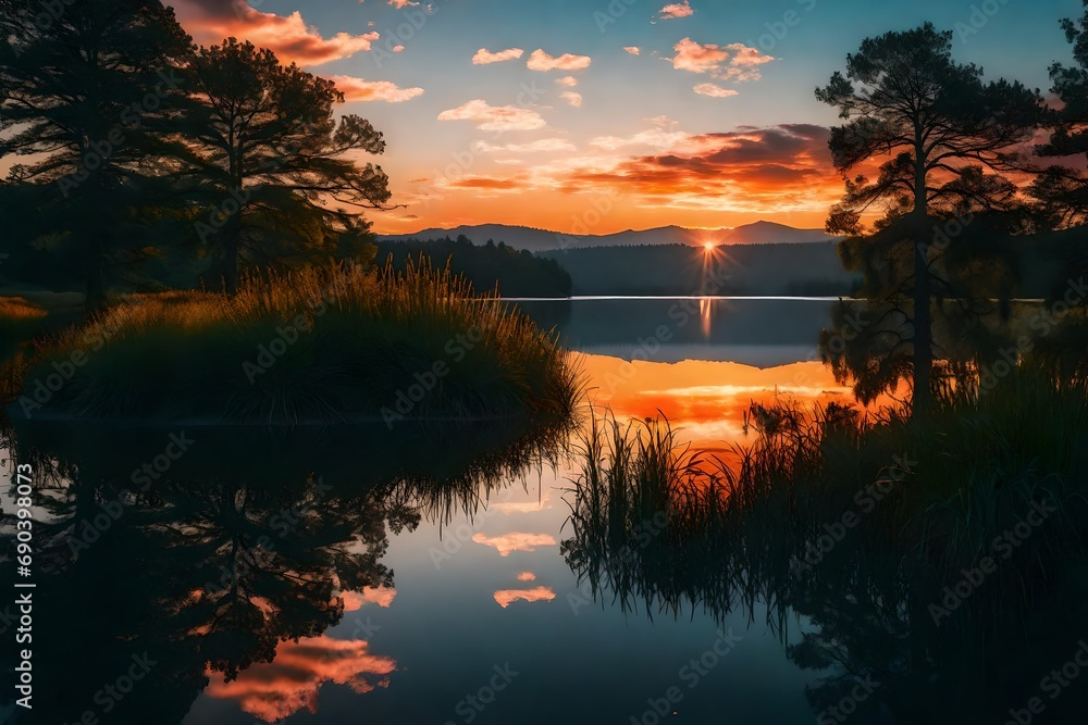 A vibrant sunset over a calm lake with reflections in the water