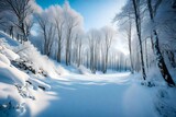 A serene winter landscape with fresh snow and  trees