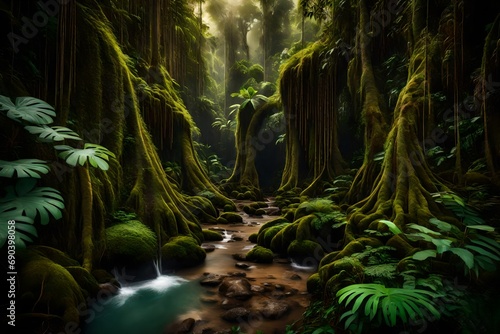 A dense tropical rainforest with towering trees  hanging vines  and a small stream running through