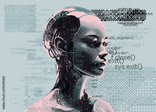Pixel art of an artificial robotic humanoid head with wires coming from the skull. 