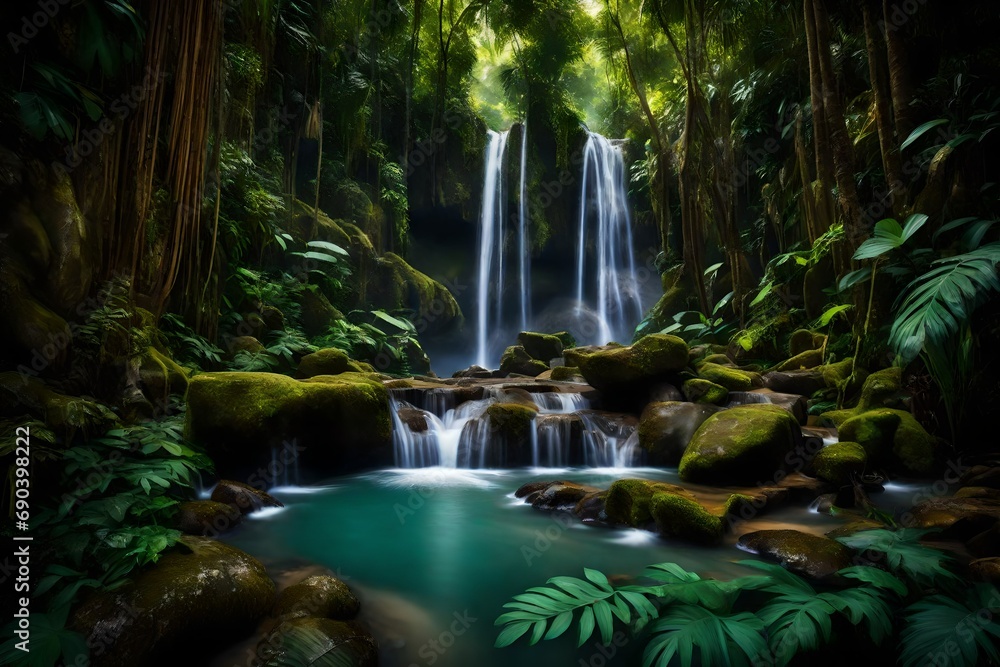 A secluded waterfall in a tropical forest setting