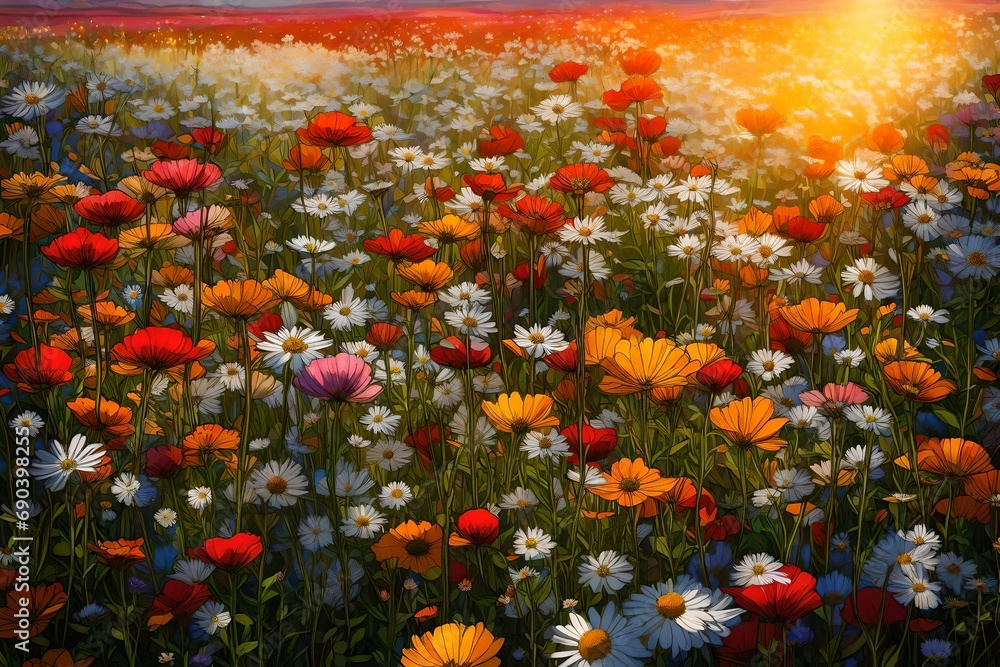 A field of wildflowers with a range of colors under a sunny sky