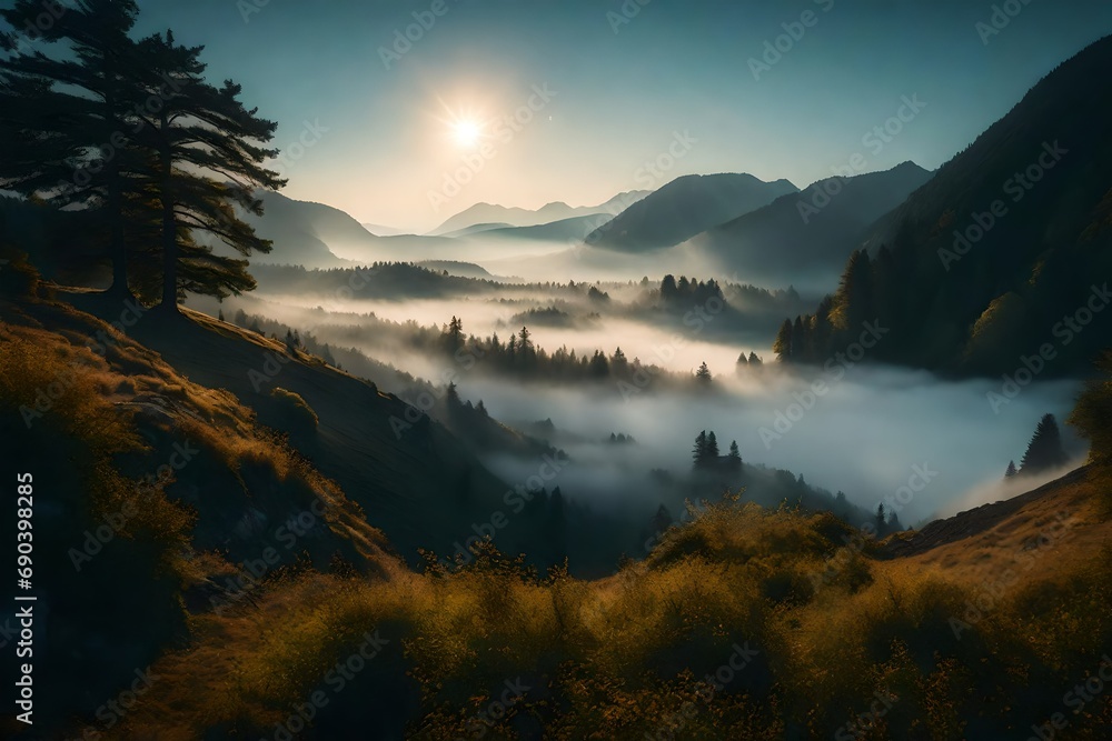 An ethereal misty morning in a mountain valley, with layers of fog creating a dreamy landscape