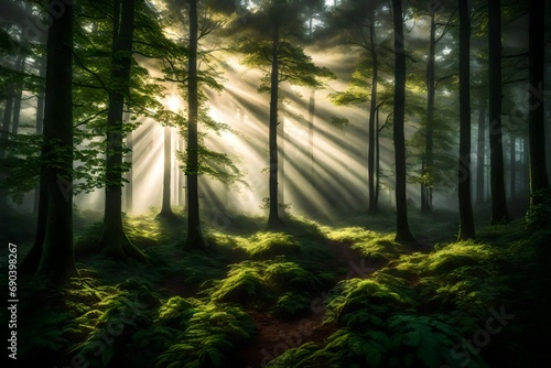 A misty forest at dawn  with rays of sunlight piercing through the fog and illuminating the green foliage