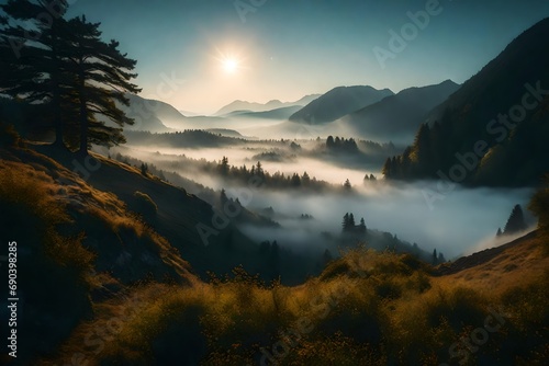 An ethereal misty morning in a mountain valley, with layers of fog creating a dreamy landscape