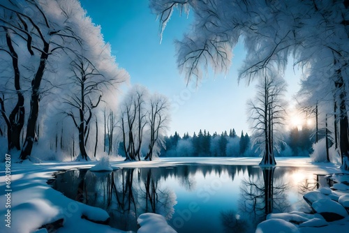A frozen lake surrounded by snow-covered trees, with the ice reflecting the winter sky © mominita