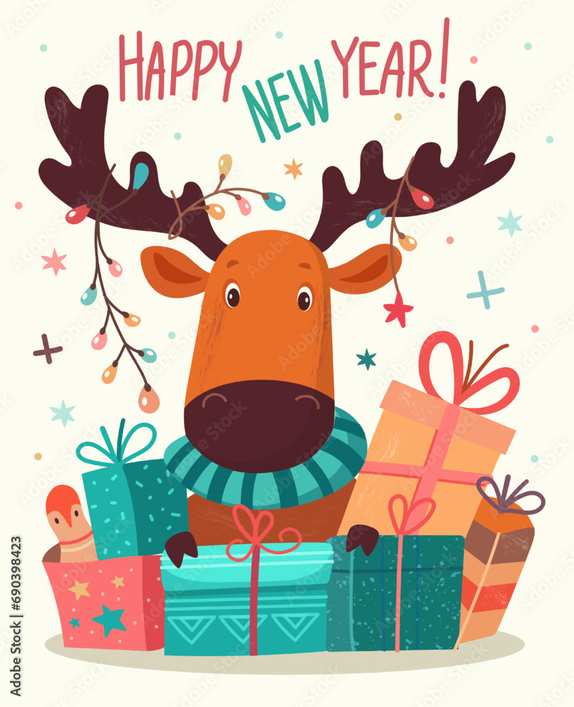Merry Christmas and Happy New Year 2024 Vector trendy illustrations of holiday cards with forest, deer, present, lettering, Christmas tree and pine. Drawing for poster Merry Christmas and Happy New Year 2024 Vector trendy illustrations of holiday cards with forest, deer, present, lettering, Christmas tree and pine. Drawing for poster