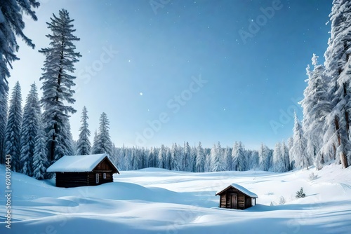 A frozen landscape with a snow-covered pine forest and a small cabin in the distance