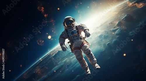 Astronaut Floating In Space Near Earth And Moon