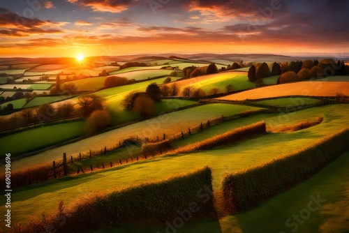 A colorful sunset over a rolling countryside with fields, hedges, and a distant village