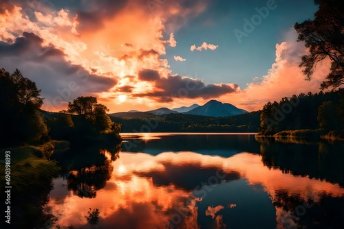 A vibrant sunset over a calm lake with reflections in the water