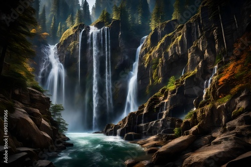 A majestic waterfall cascading down a rocky cliff