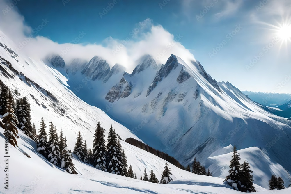 A snowy mountain peak with a clear view of the surrounding landscape