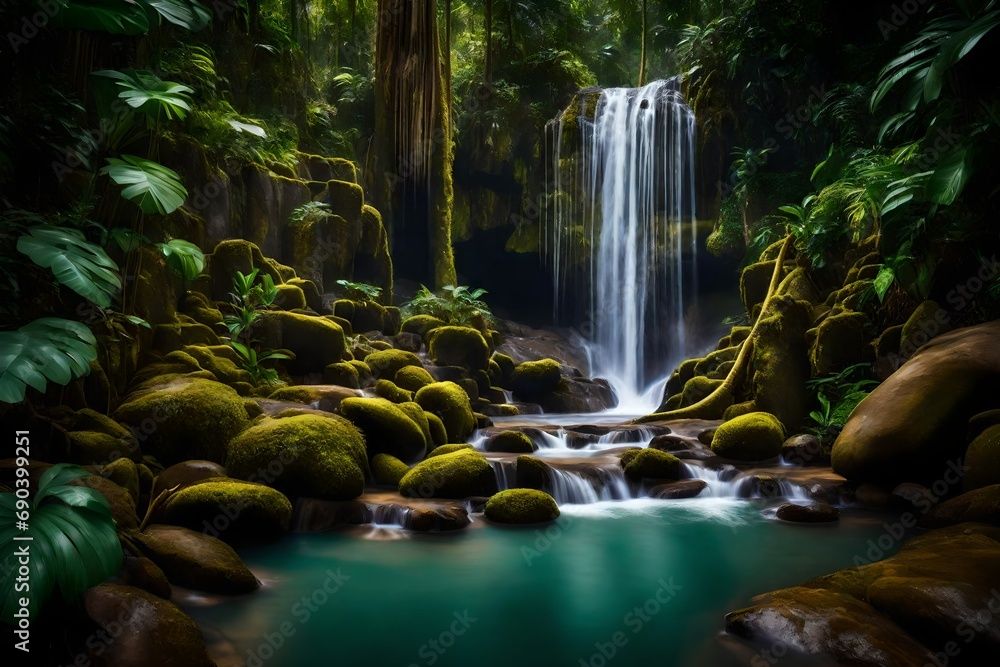 A secluded waterfall in a tropical forest setting
