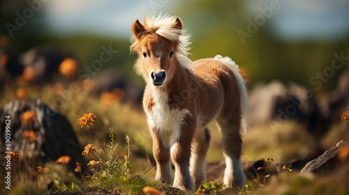 Portrait of beautiful miniature shetland breed pony in summer. generative ai